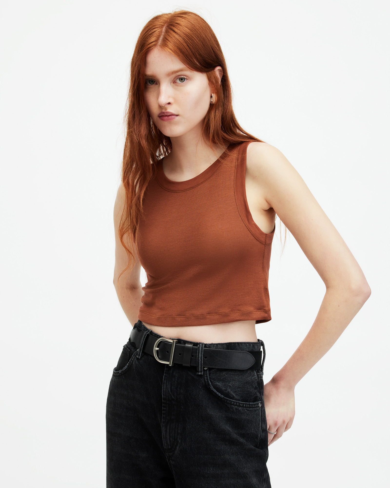 Rina Sleeveless Cropped Tank Top BRUNETTE BROWN | ALLSAINTS | AllSaints UK