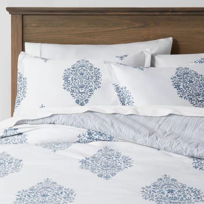 Reversible Medallion Family-Friendly Comforter & Sham Set White/Blue  - Threshold™ | Target