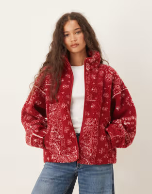 ASOS DESIGN borg zip through fleece with bandana print in burgundy | ASOS | ASOS (Global)
