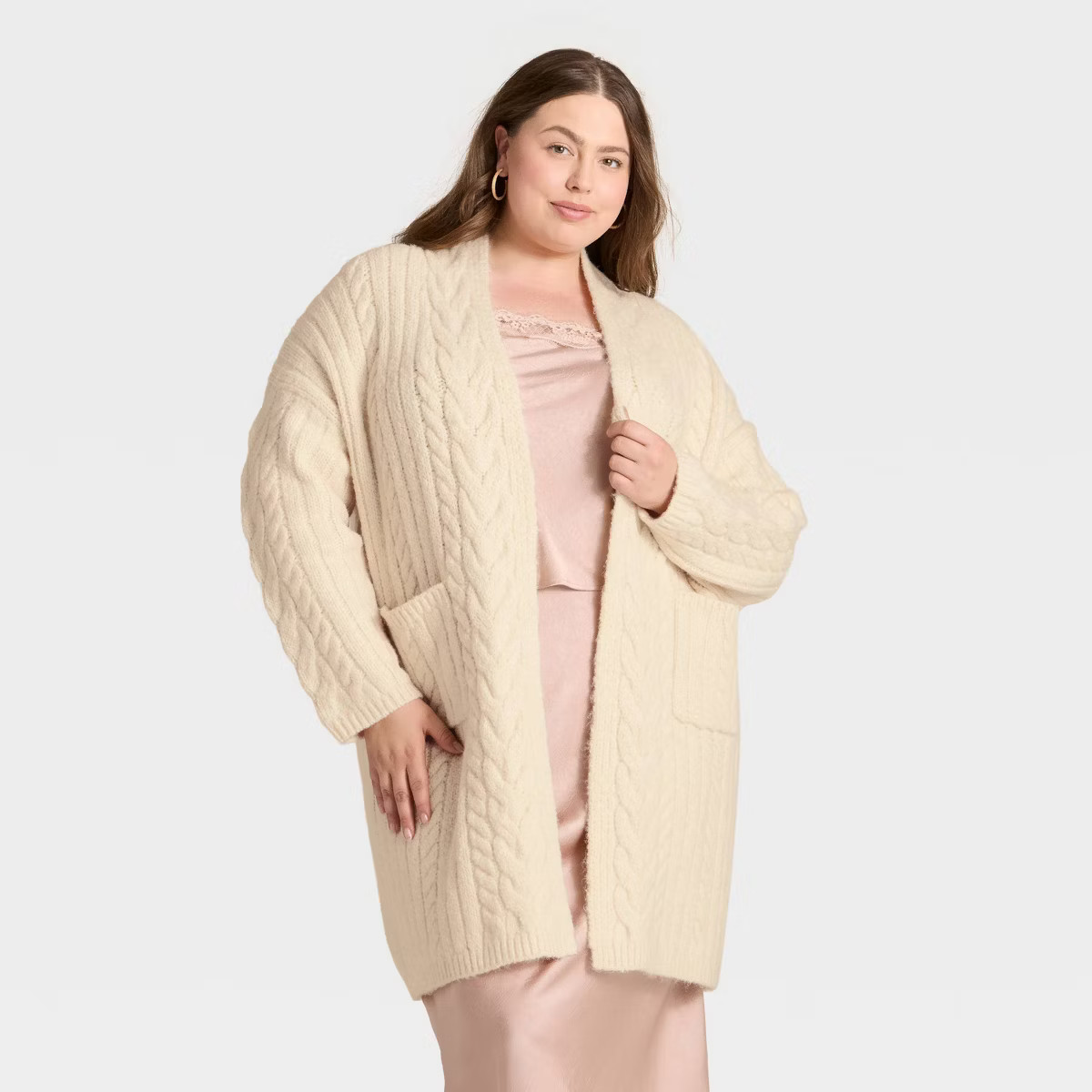 Women's Long Sleeve Cabled Cardigan Sweater - A New Day™ Cream | Target