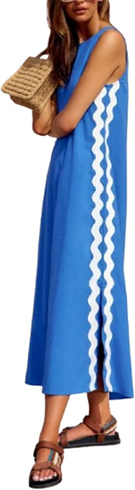 Women's Summer RIC Rac Sleeveless Maxi Dress Round Neck Side Split Scalloped Trim Beach Tank Dres... | Amazon (US)