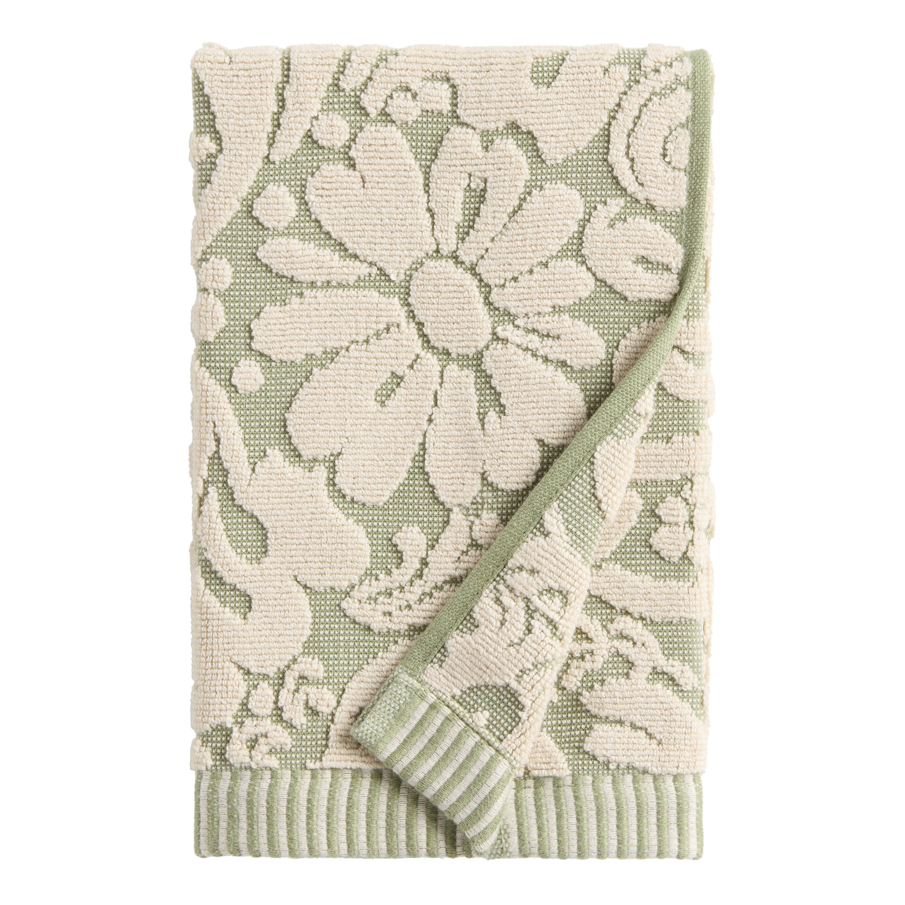 Moira Laurel Green and Ivory Sculpted Floral Hand Towel | World Market