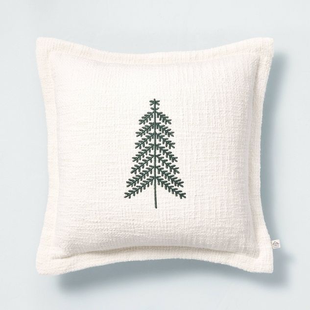 14"x14" Embroidered Winter Tree Square Throw Pillow Cream/Green - Hearth & Hand™ with Magnolia | Target