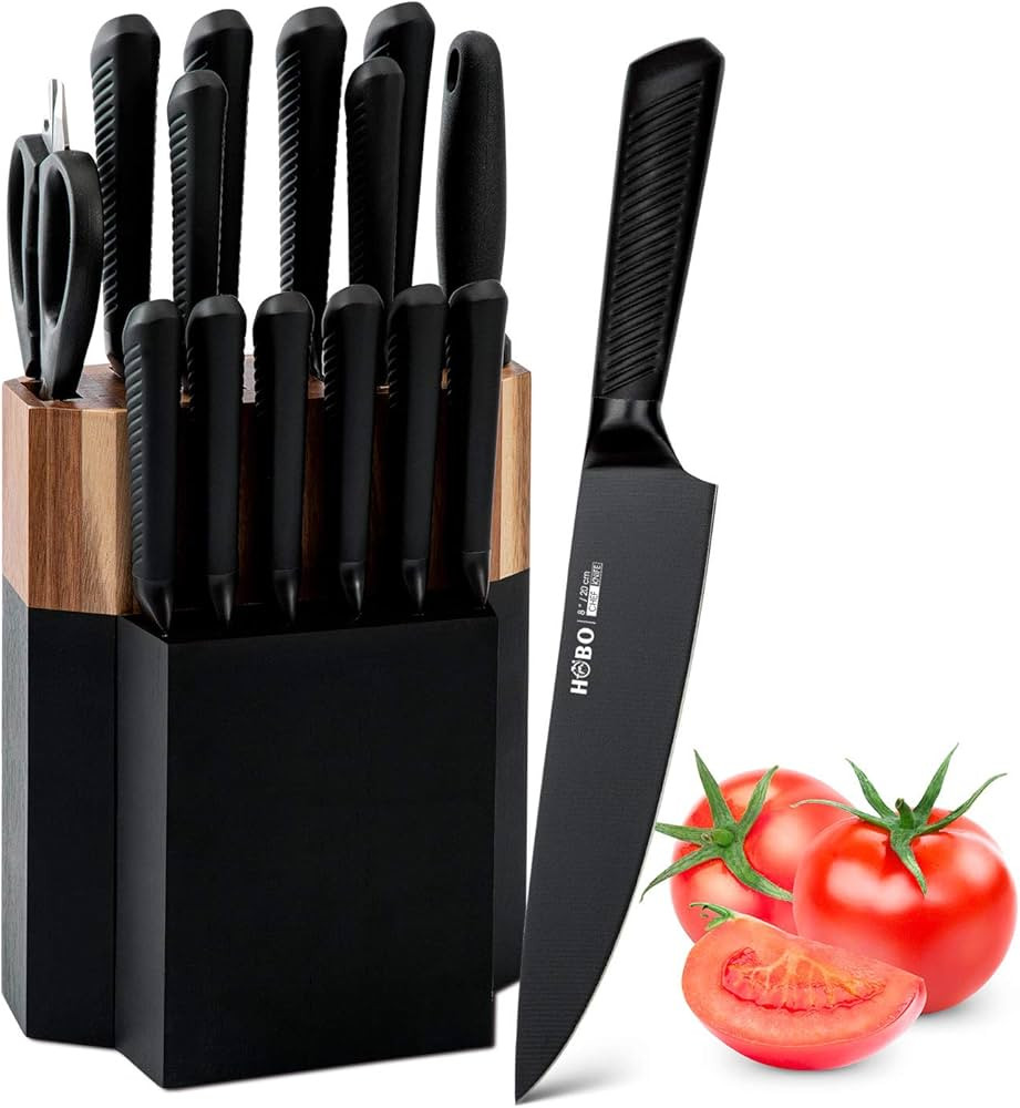 Knife Block Set, 15 Piece Kitchen Knife Set with 6 Steak Knife Set with Sharpener Chef Knife High... | Amazon (US)