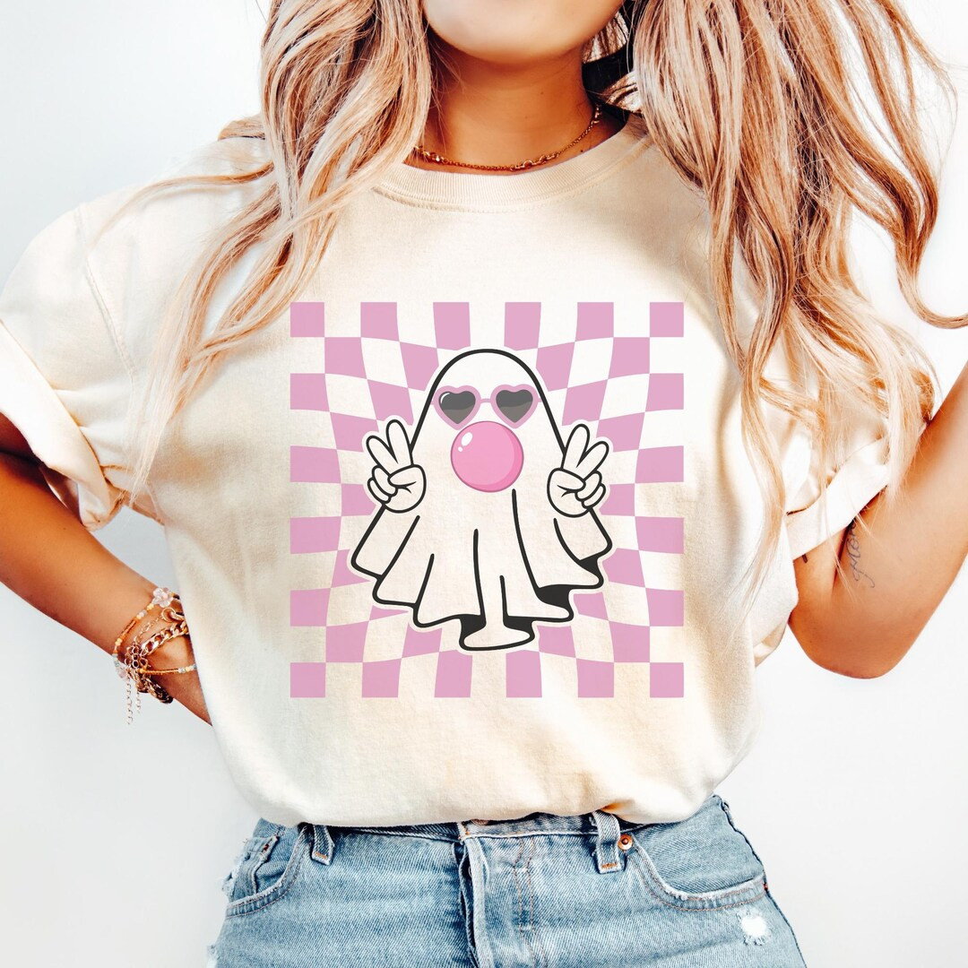 Halloween Ghost Blowing Bubble Shirt, Cute Pink Ghost Shirt, Retro Checkered Ghost Coquette Shirt... | Etsy (US)