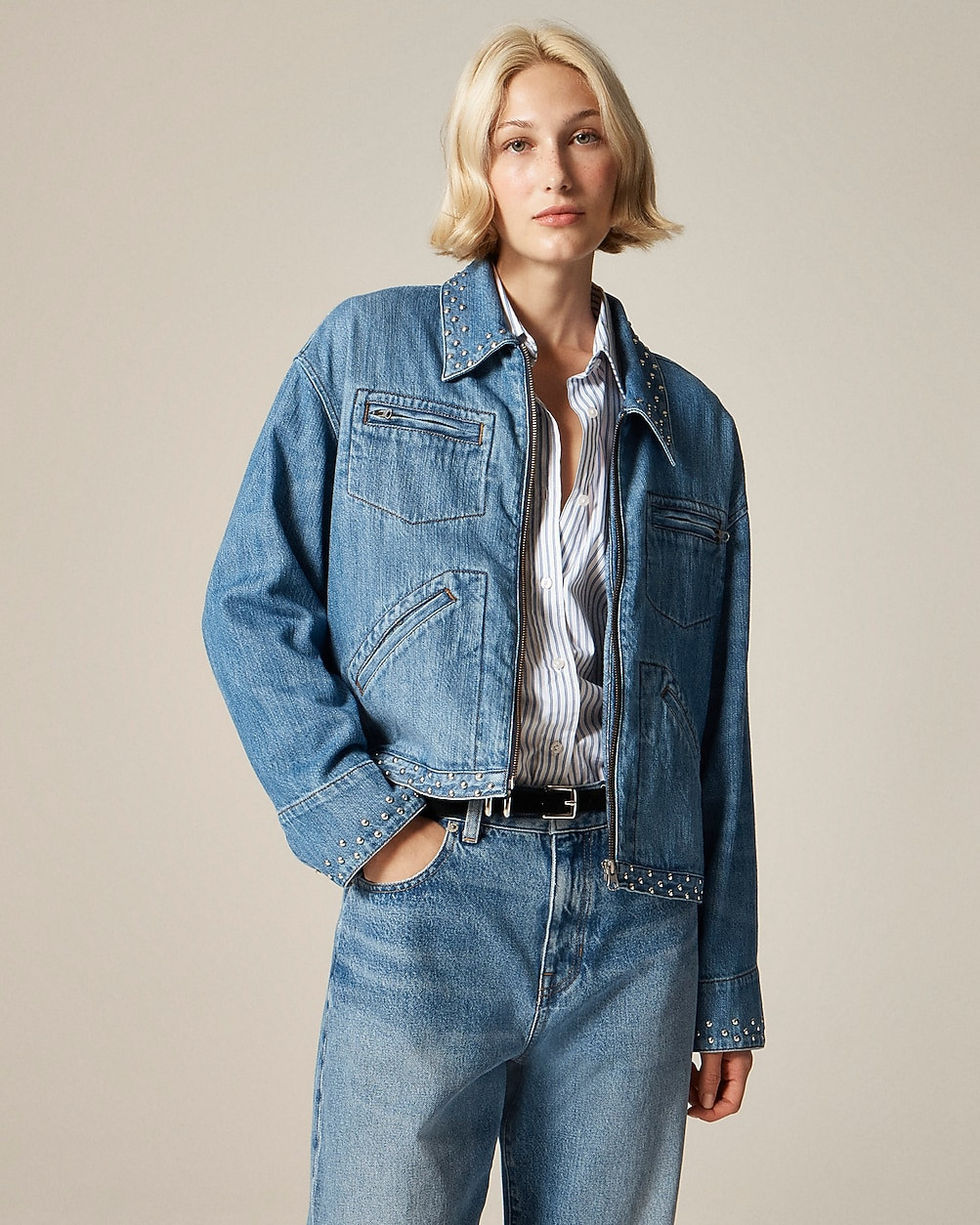 Cropped denim jacket with stud embellishments | J. Crew US