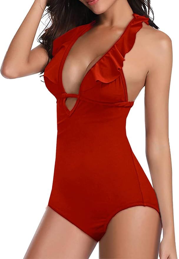 SHELY Women's Deep V-Neck One Piece Swimsuits Ruffled Back Cross Swimsuit Beach Monokini Swimwear... | Amazon (US)
