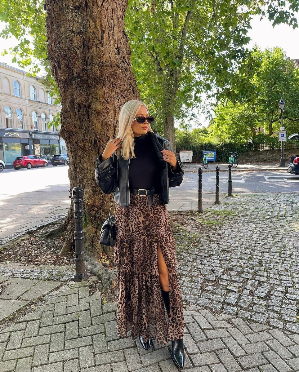 Leopard print tiered ruffle maxi skirt | Azura Rose