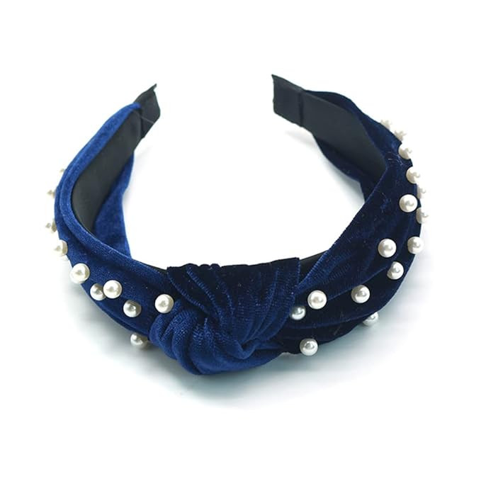 Women's Pearl Hairband Navy Blue Wide Soft Classic Knotted Headband | Amazon (US)