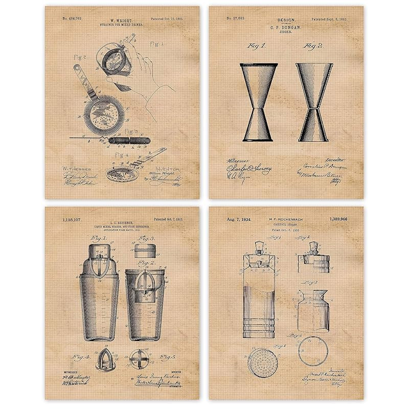 Vintage Bartender Cocktail Patent Prints, 4 (8x10) Unframed Photos, Wall Art Decor Gifts Under 20... | Amazon (US)