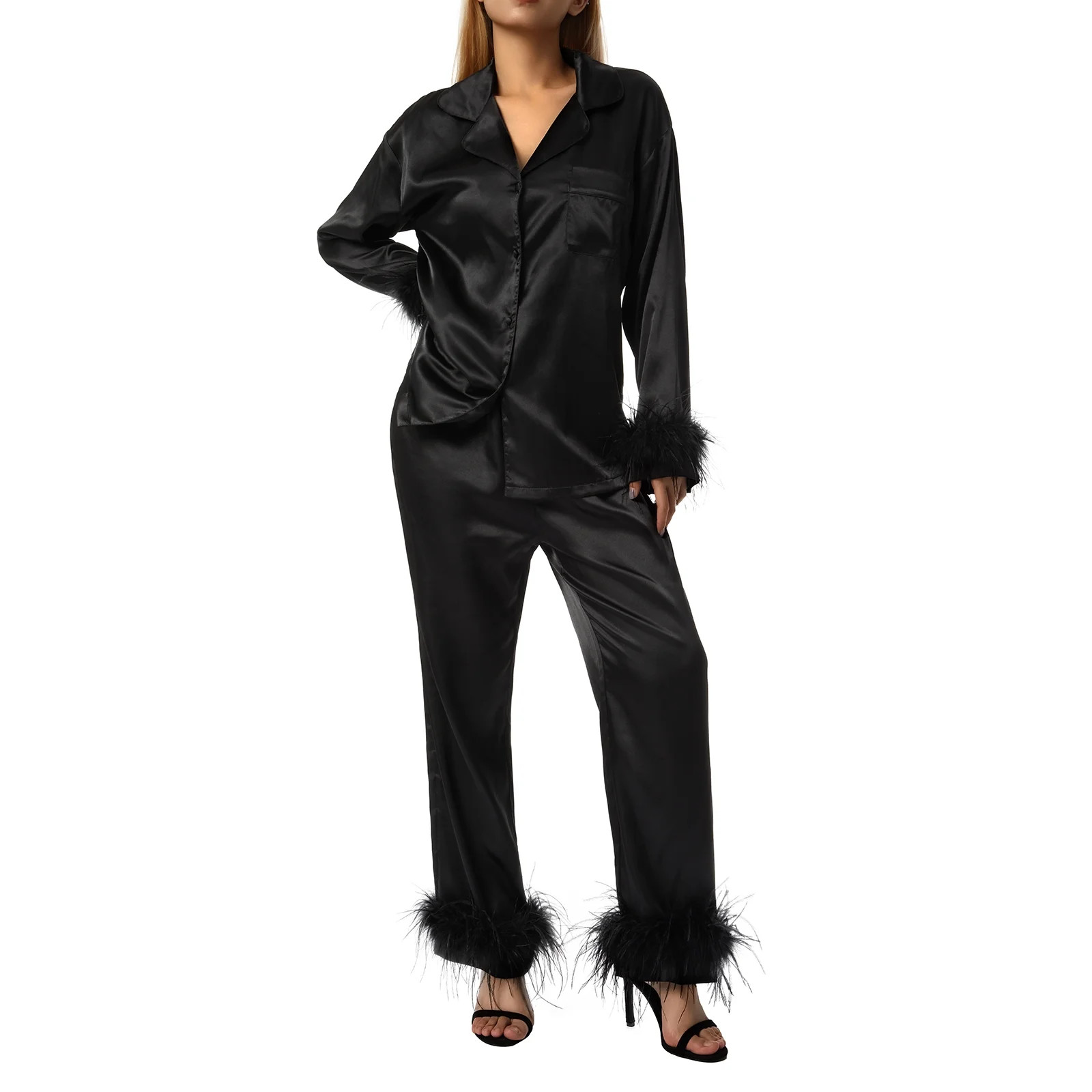 Women Sleepwear Pajamas Set Long Sleeve Tie-Up Button-Down Lapel Collar Tops High Waist Straight-... | Walmart (US)