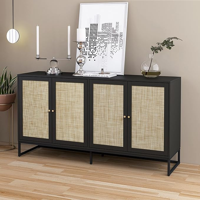QEIUZON Modern Sideboard Cabinet, Accent Storage Cabinet with Rattan Doors and Adjustable Shelves... | Amazon (US)