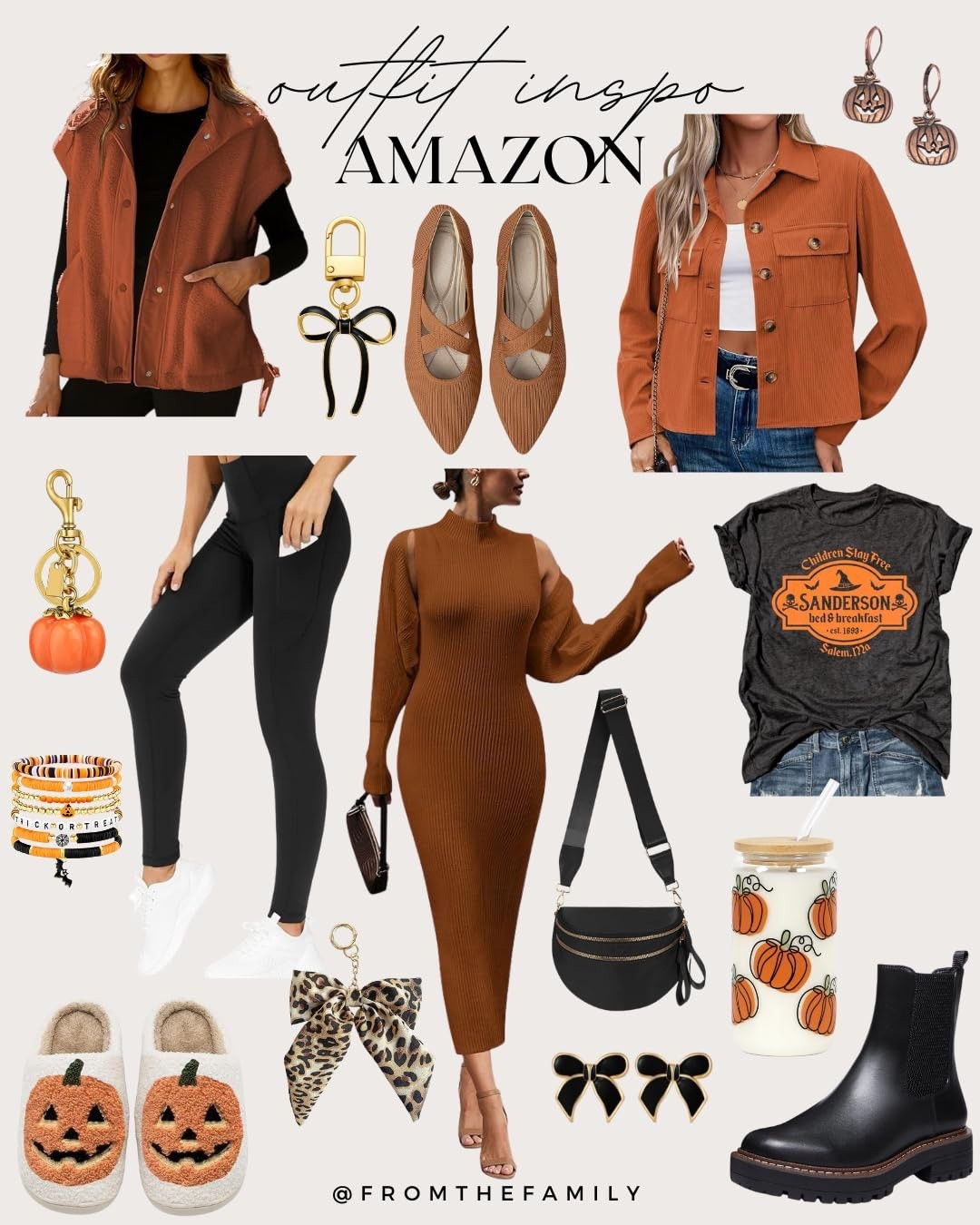 Amazon fall outfit inspo 🍂🖤 From cozy knits to playful pumpkin details, this guide has everything you need to style the season your way. Dress it up with a chic ribbed sweater dress + ankle boots or keep it casual in leggings, a pumpkin tee, and fuzzy slippers. Add in the cutest fall accessories—pumpkin cups, jack-o-lantern slippers, layered bracelets, and seasonal earrings—for that perfect autumn touch.

Shop the look:
	•	Pumpkin orange utility vest
	•	Corduroy button-up jacket
	•	Ribbed knit sweater dress
	•	Sanderson Sisters graphic tee
	•	High-waisted leggings
	•	Black ankle boots
	•	Pumpkin + leopard accessories
	•	Cozy jack-o-lantern slippers
	•	Pumpkin glass tumbler

#LTKFallFashion #AmazonFallFinds #LTKcozy #FallStyleInspo #LTKunder50 #LTKSeasonalStyle #AmazonOutfits #LTKaccessories #FallWardrobeRefresh #LTKFinds 

#LTKSeasonal #LTKFindsUnder50 #LTKHalloween