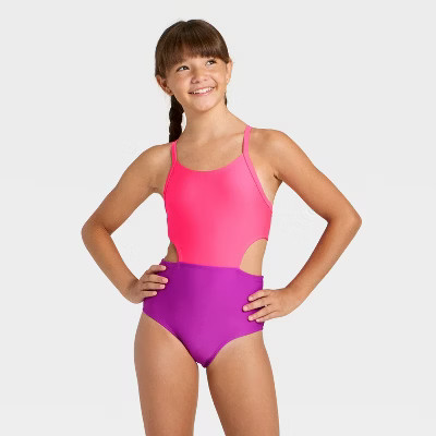 Girls' Sleeveless Colorblock One Piece Swimsuit - Cat & Jack™ Pink/Purple | Target