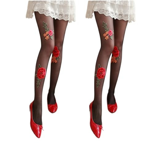 2 Pairs Premium Red Rose Embroidery Patterned Tights for Women with Desgins Control Top Pantyhose Sheer Stockings (One Size,Red Rose Embroidery Black Tights) | Amazon (US)