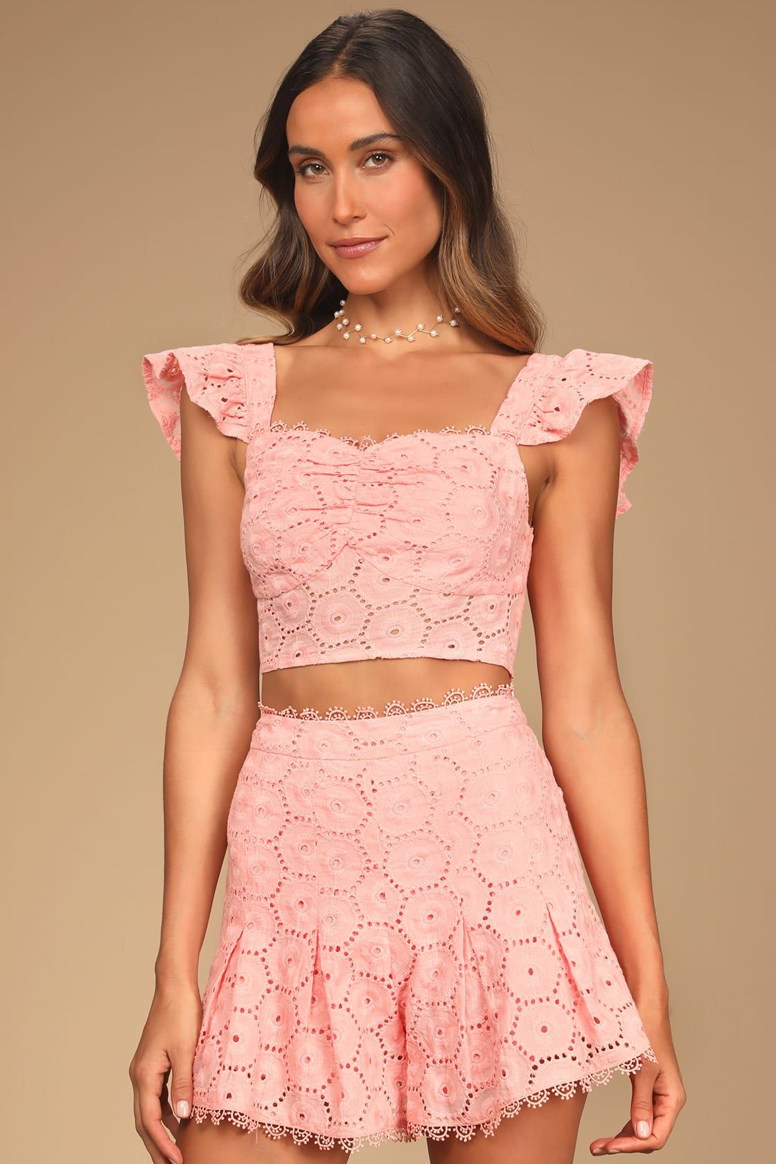 Time for Sunshine Coral Pink Eyelet Lace Ruffled Crop Top | Lulus (US)