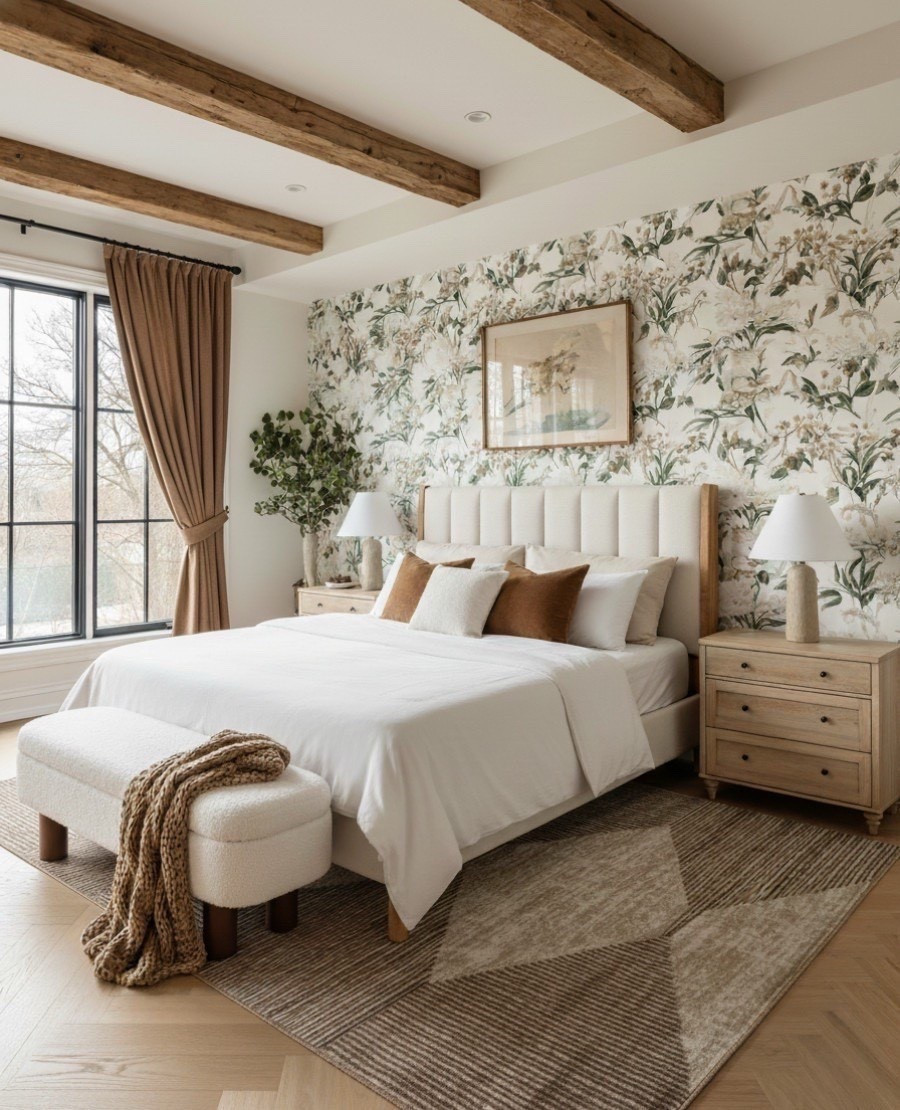 A warm and airy modern transitional bedroom layered with soft neutral tones and natural textures. This space features a cream and sage floral wallpaper accent wall, a cream tufted upholstered bed, and raw natural oak ceiling beams, elements that instantly elevate the room with quiet sophistication.

The white cotton bedding, caramel velvet throw pillows, and ivory bouclé bedroom bench add softness and contrast, while the light oak nightstands and taupe-and-warm-brown geometric area rug ground the palette in earthy, calming neutrals. If you’re searching for warm neutral bedroom ideas, modern farmhouse bedroom décor, or floral wallpaper bedroom inspiration, this look brings all of those trends together beautifully.

When designing comfortable yet elevated bedrooms, I always mix natural wood tones, layered neutral textiles, and soft, organic patterns. It’s the blend of warmth, contrast, and texture that makes a space feel inviting, timeless, and intentionally designed. 

#LTKSaleAlert #LTKHome