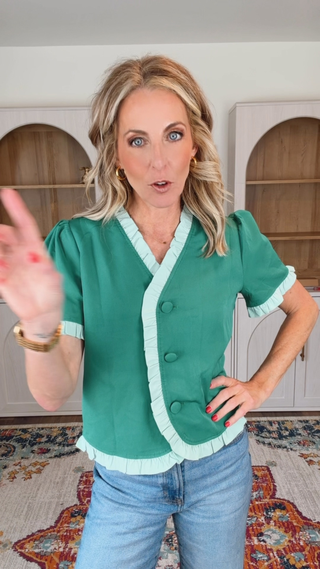Causal Friday’s calls for a cure Amazon top! This $20 Amazon blouse is so perfect for this time of year I love the full functioning buttons and cute ruffle details. Looks great with jeans or any of your favorite bottoms. Linked up so many fun green tops! 

#LTKgrwm #LTKdayinmylife #LTKmomlife