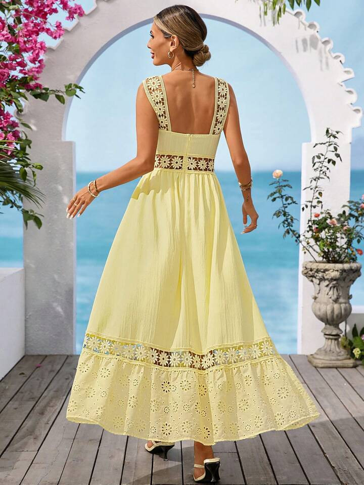 Vivid Eden Summer Outing Holiday Date Dress, Vacation Casual Plain Color With Lace And Texture Fa... | SHEIN