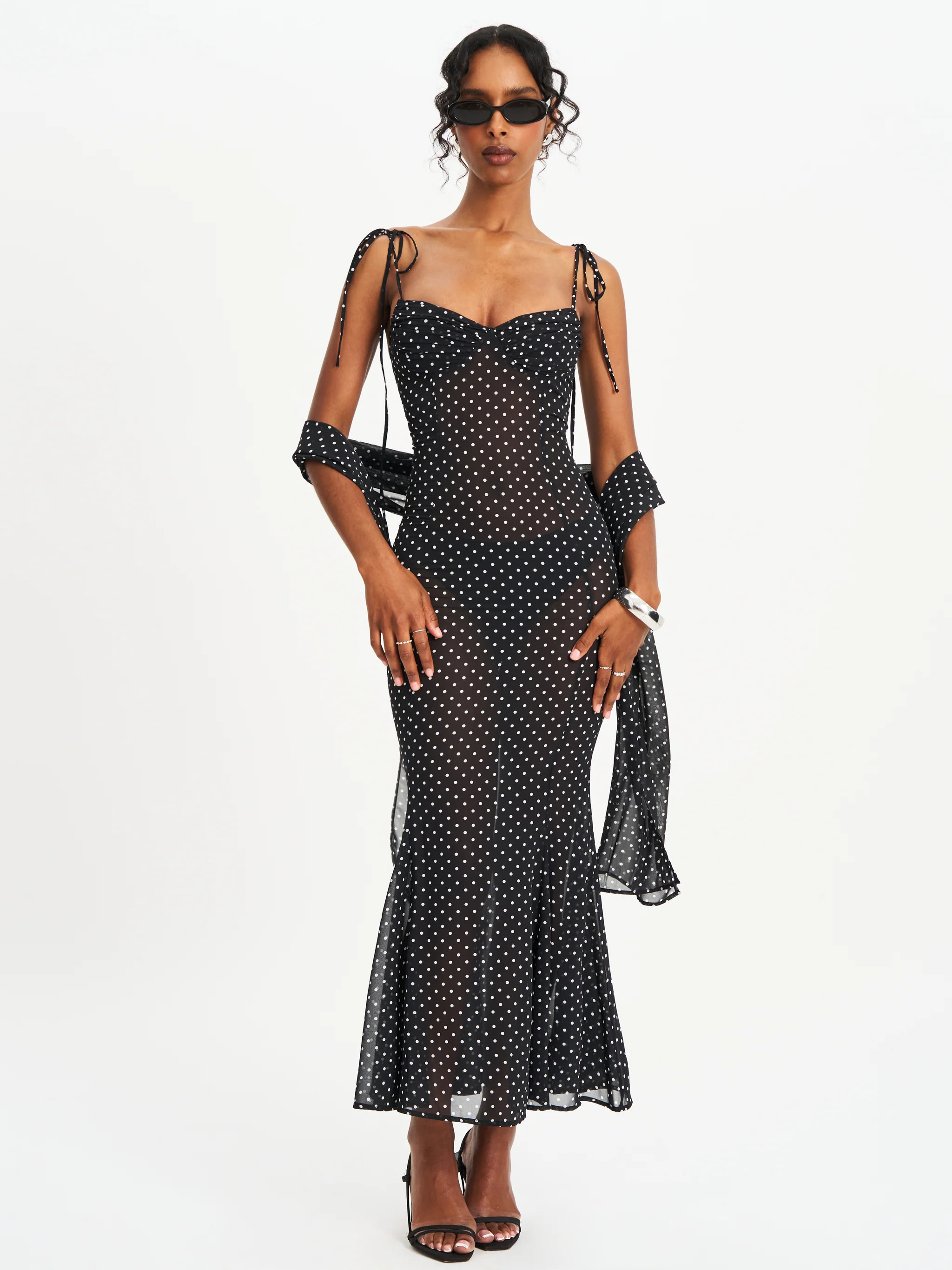 Yadira Black Base Polka Dot Chiffon Maxi Dress | Miss Circle