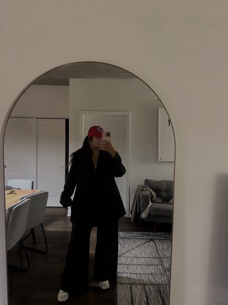 Game day outfit 
Black blazer
Suit pants 
New balance 550s red 

#LTKmidsize #LTKstyletip #LTKshoecrush