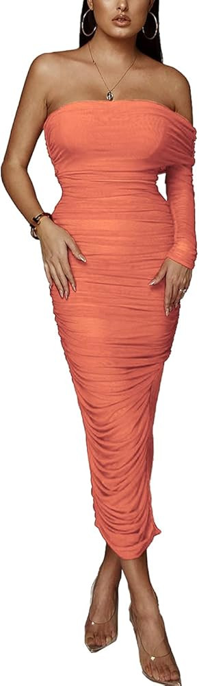 Amazon.com: Pofash Women's Sexy One Shoulder Long Sleeve Mesh Ruched Side Split Maxi Dress Orange... | Amazon (US)