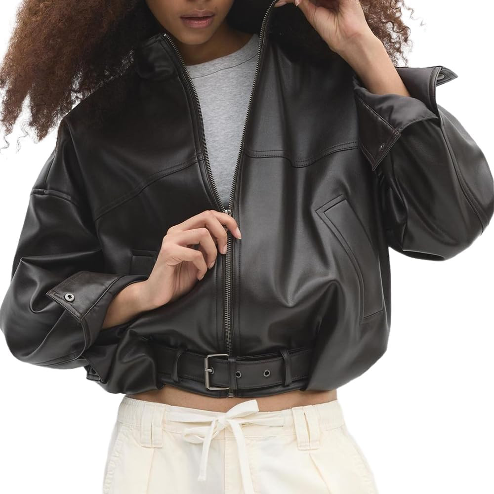 Molilove Leather Jacket for Women Casual Bomber Jacket Racer Motor Biker Short Jackets With Belts... | Amazon (US)