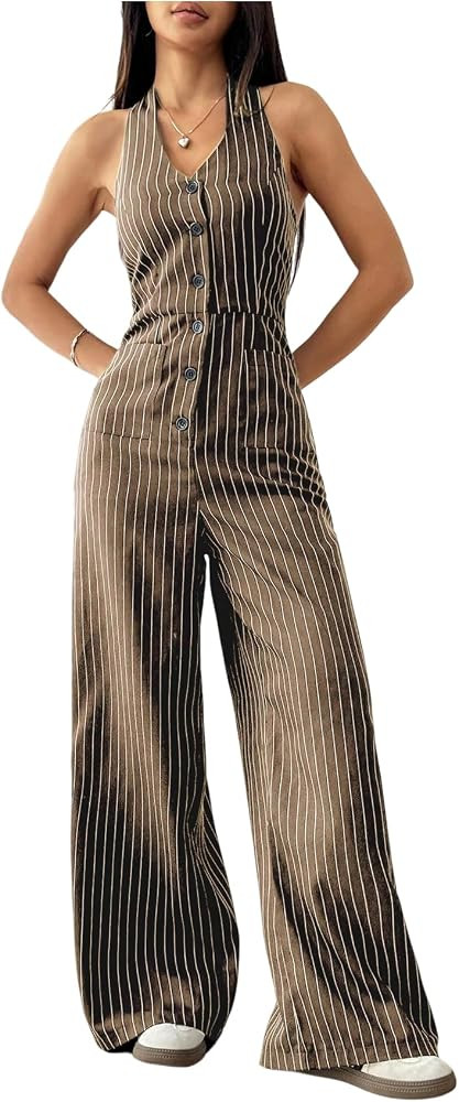 Verdusa Women's Striped Button Down Halter Jumpsuits Sleeveless High Waisted Straight Leg One Pie... | Amazon (US)