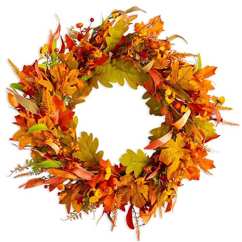 Udoula 25'' Fall Wreaths for Front Door with Leaf, Berry and Bumpkins, Circle Fall Garland Autumn Wreath for Thanksgiving Day Halloween Front Door Wall Home Decor | Amazon (US)