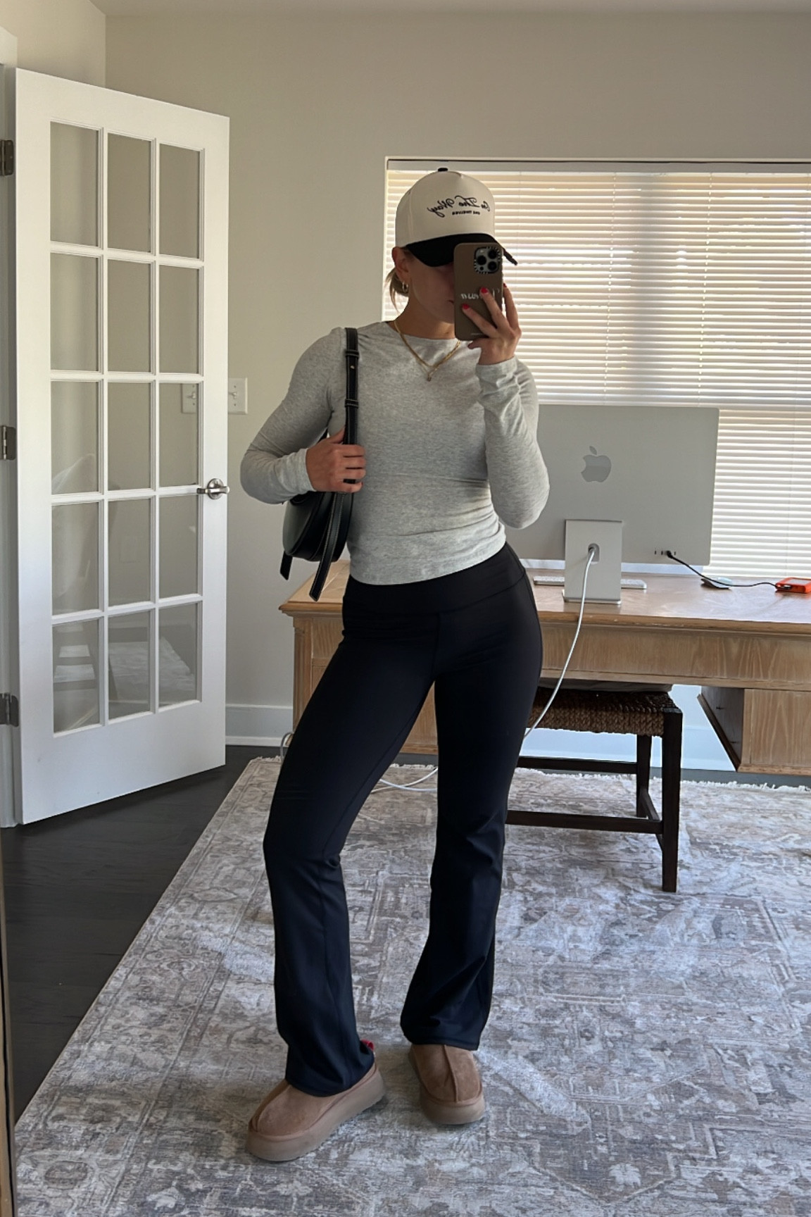 Casual outfit inspo 🫶🏼 Flare leggings, ugg tazz slippers, platform Uggs, platform ugg outfits, skims basics, skims long sleeve, skims top, flare leggings outfit
