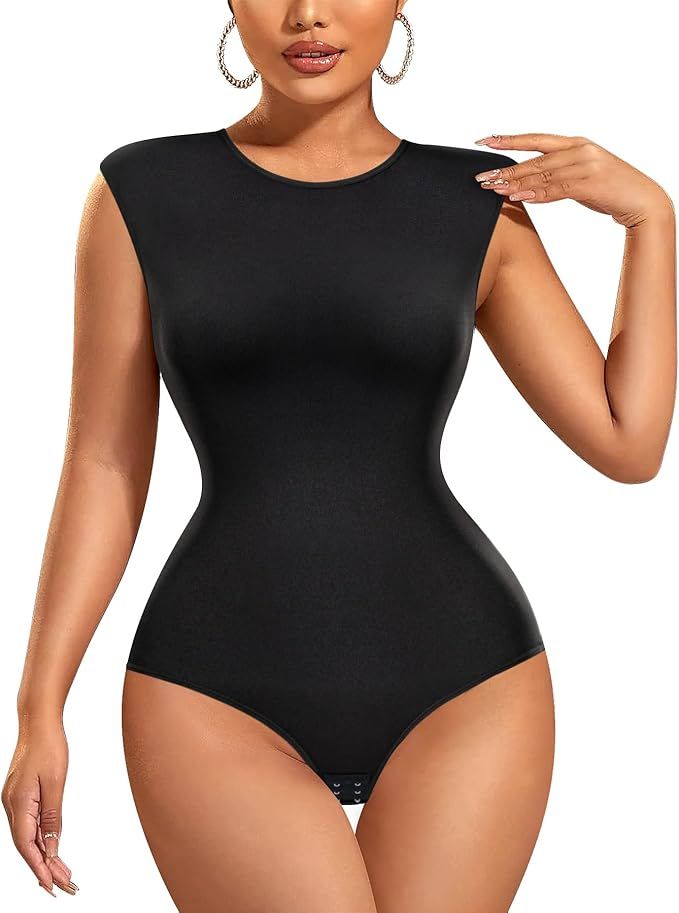Irisnaya Women Padded Shoulder Bodysuit Tank Tops Sleeveless Vest Jumpsuits Crew Neck Slim Fit Ca... | Amazon (US)