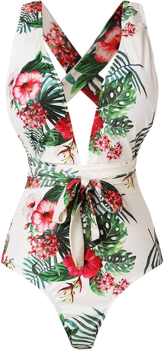 Begonia.K Women's Tropical Print Deep V-Neck Criss Cross Floral One Piece Swimsuit | Amazon (US)