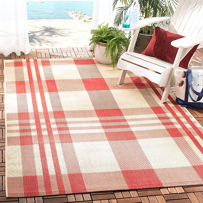 SAFAVIEH Courtyard Collection Accent Rug - 4' x 5'7", Red & Bone, Plaid Design, Non-Shedding & Ea... | Amazon (US)