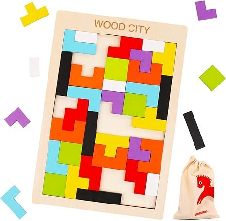 Wooden Tetris Puzzle with a Storage Bag - WOOD CITY Tangram Puzzles for Kid & Adult - Montessori ... | Amazon (US)
