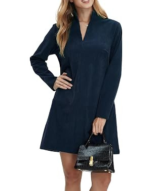 Women Corduroy Dress V Neck Long Sleeve Casual Vintage Retro A Line Mini Dresses | Amazon (US)