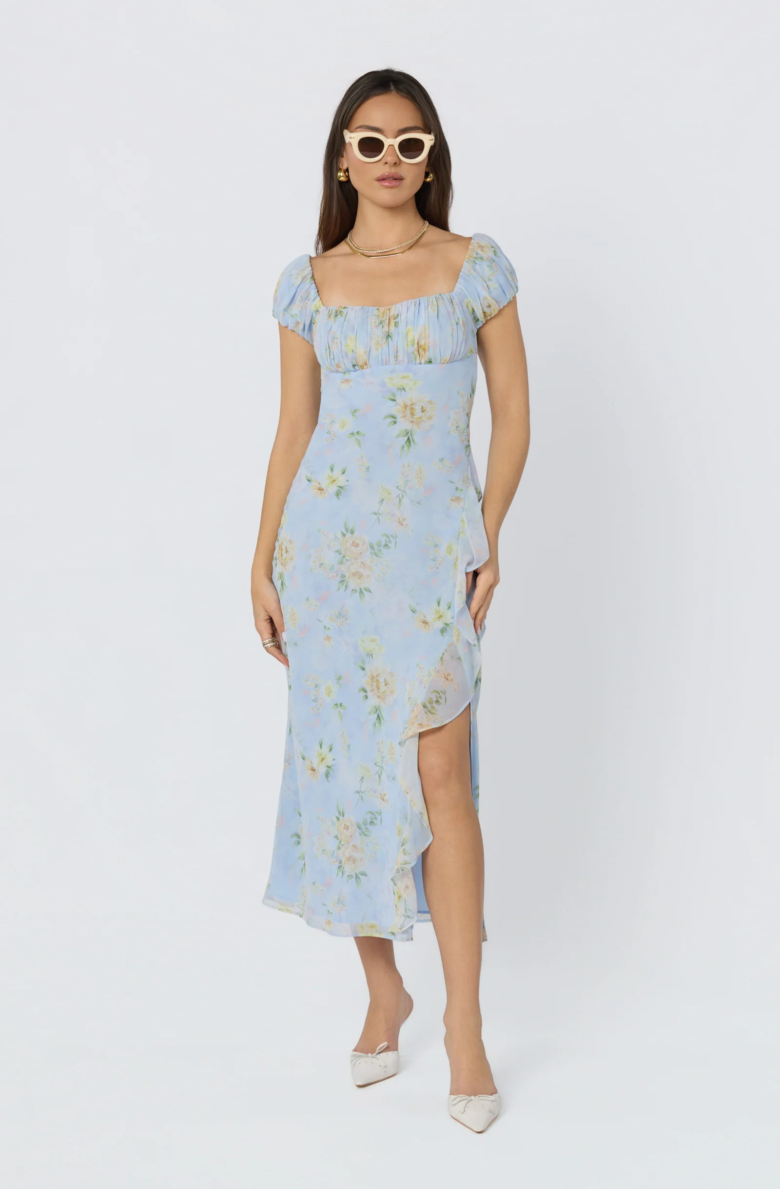 Florence Floral Puff Sleeve Midi Dress - Blue multi floral / XS | ASTR The Label (US)
