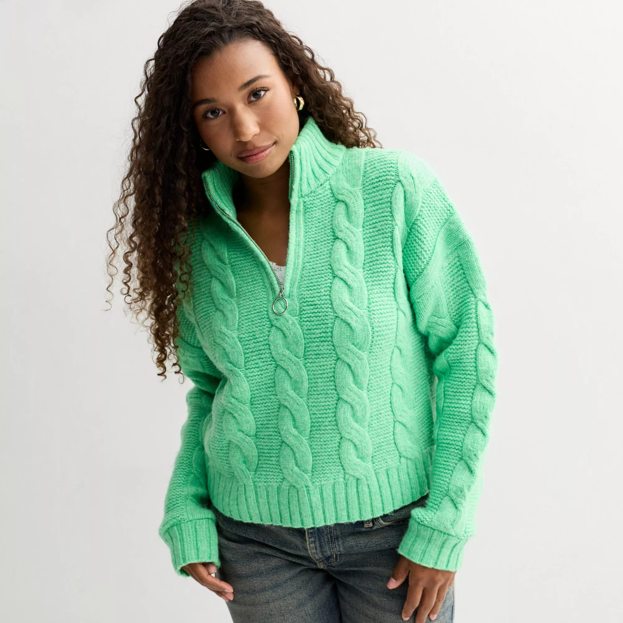 Juniors' SO® Cable Quarter Zip Sweater | Kohl's