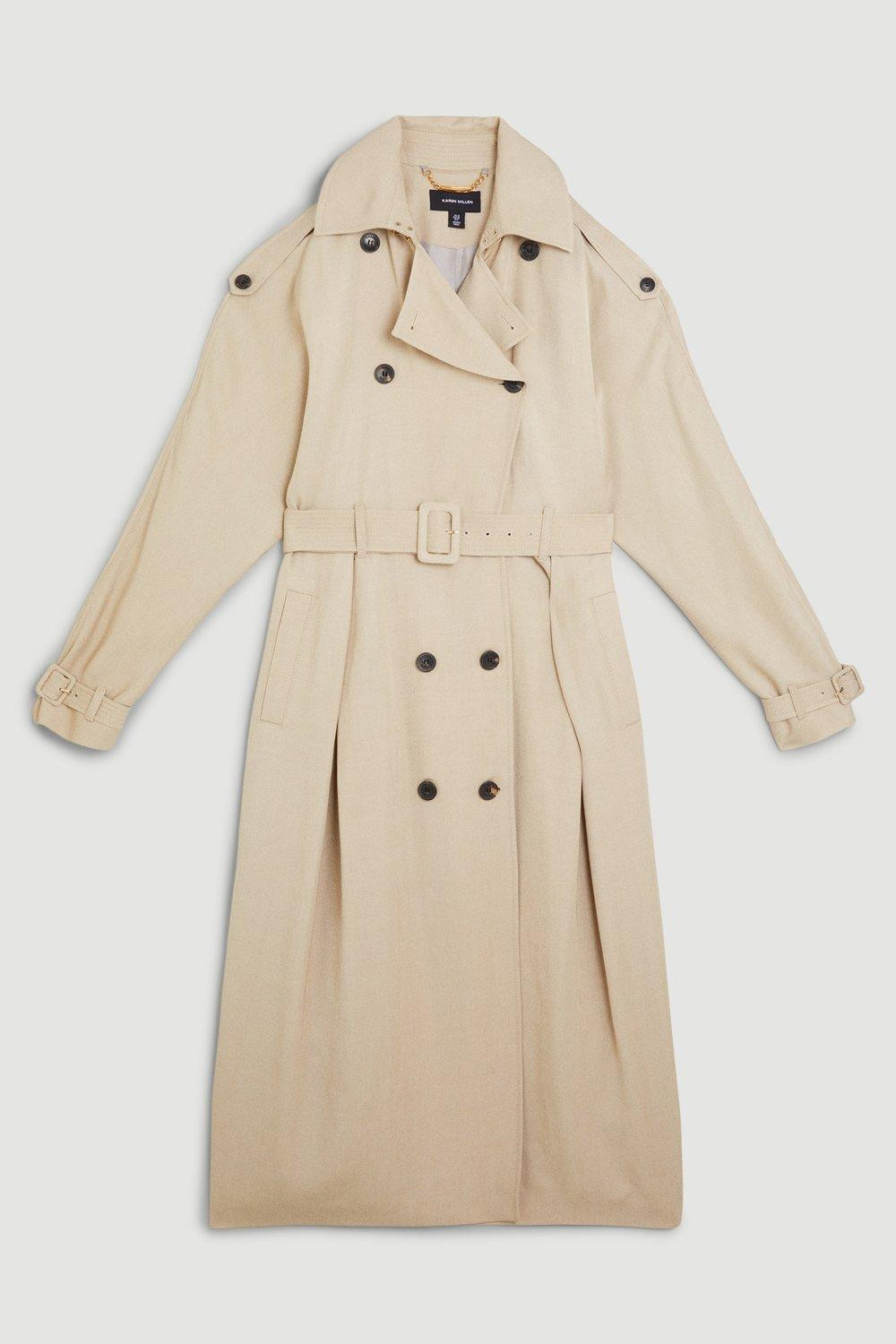 Premium Linen Rounded Sleeve Trench Coat | Karen Millen US