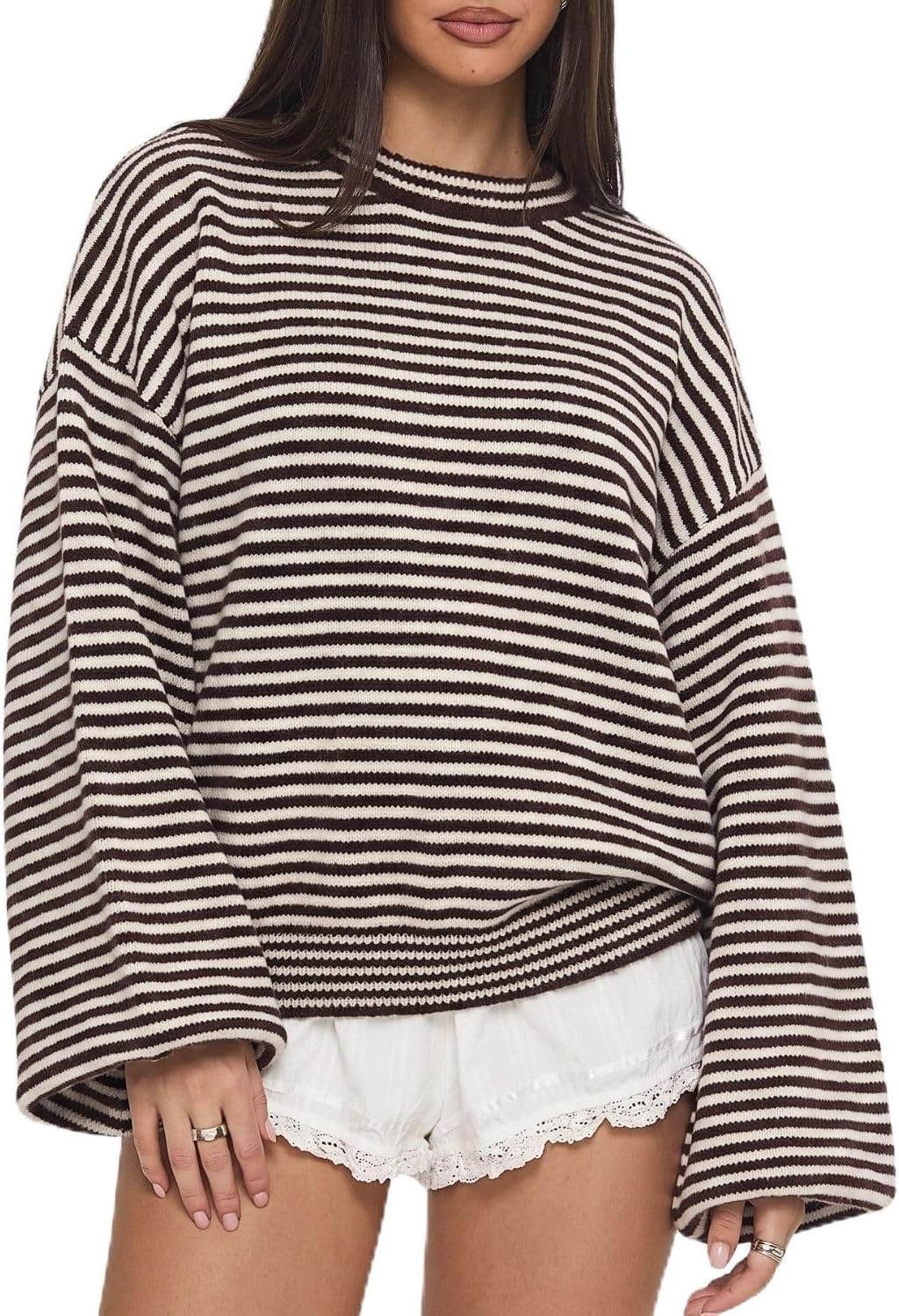 QINSEN Women's Crewneck Oversized Sweater Striped Long Sleeve Pullover Top | Amazon (US)