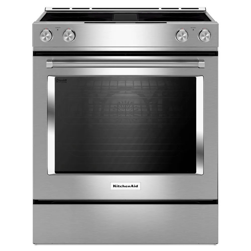 KitchenAid 30-in Glass Top 4 burners 6.4-cu ft Convection Oven Slide-In Electric Range ( Stainless steel ) | KSEG950ESS | Lowe's