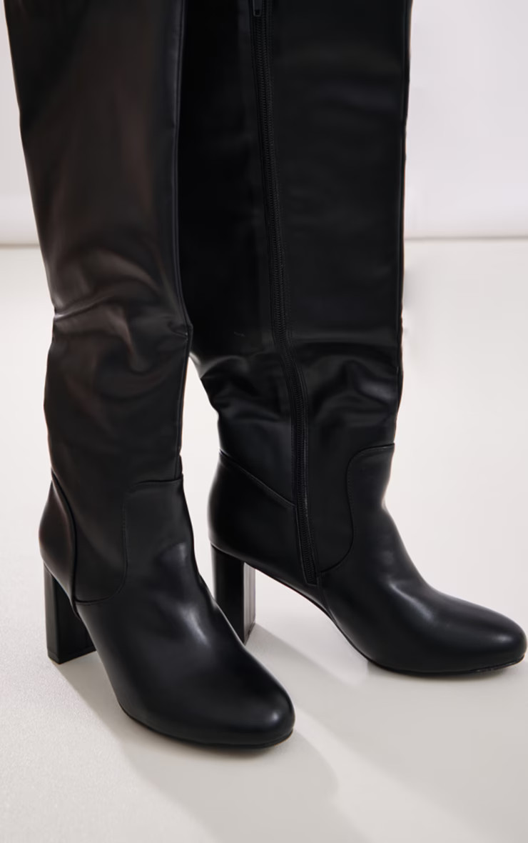 Black PU Round Toe Stitch Detail High Block Heeled Knee Boots | Pretty Little Thing (Australia & New Zealand)