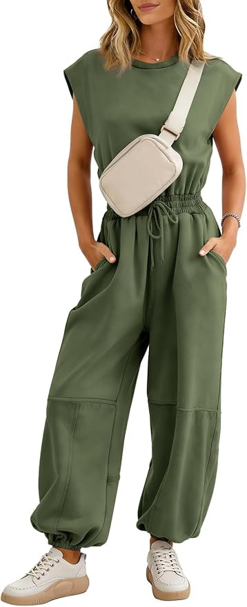 Flygo Womens Casual Jumpsuit Crewneck Cap Sleeve Long Wide Leg Pants One Piece Outfits Drawstring... | Amazon (US)