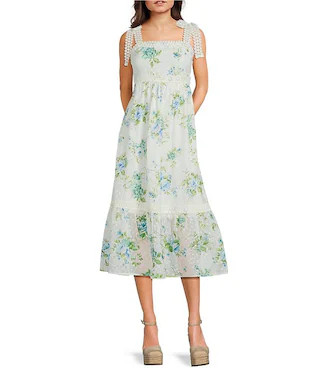 Floral Printed Square Neck Tie Shoulder Lace Trim Midi Dress | Dillard's