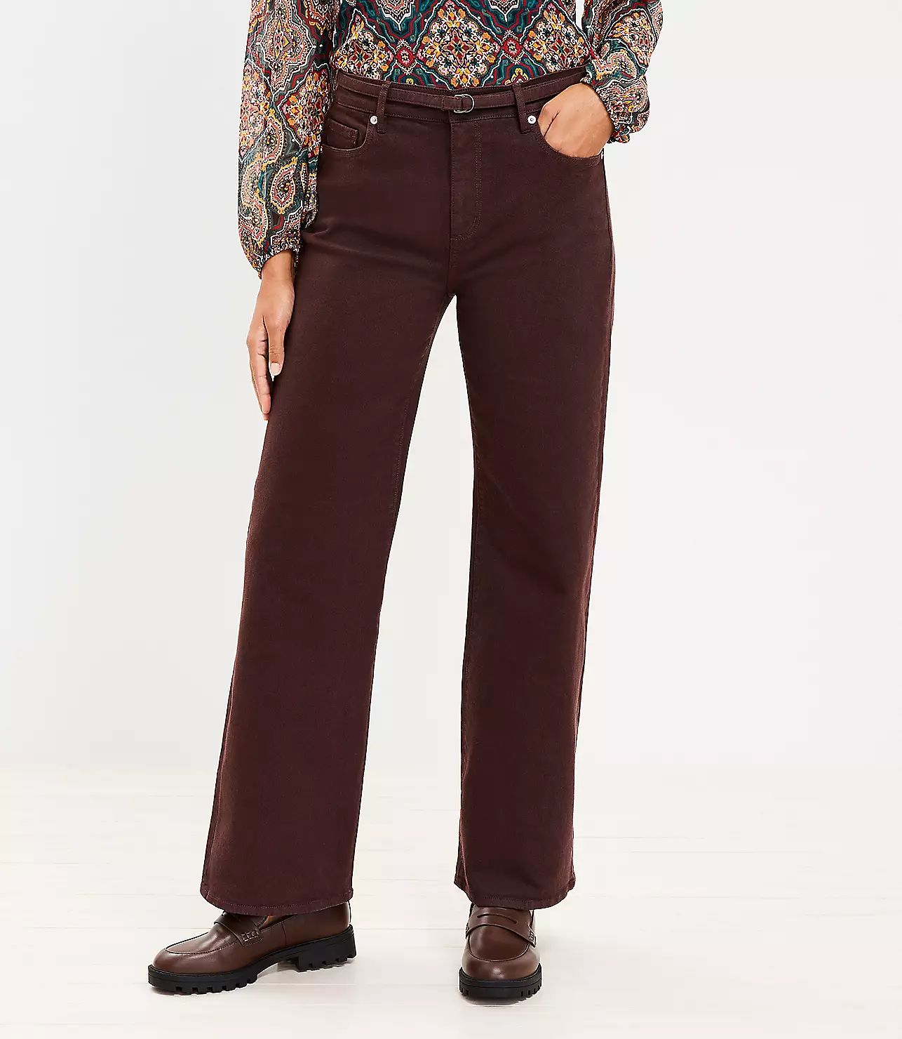 Belted High Rise Wide Leg Jeans in Iced Espresso | LOFT