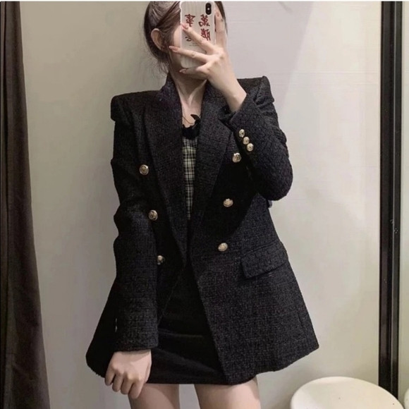 ZARA Tweed Textured Weave Double Breasted  Blazer Black | Poshmark
