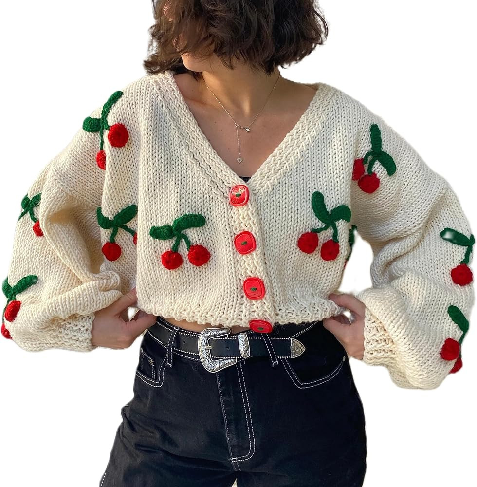 KMBANGI Women Button Down Sweater V Neck Cable Knit Crop Cardigan Cute Oversized Jumper Top Aesth... | Amazon (US)