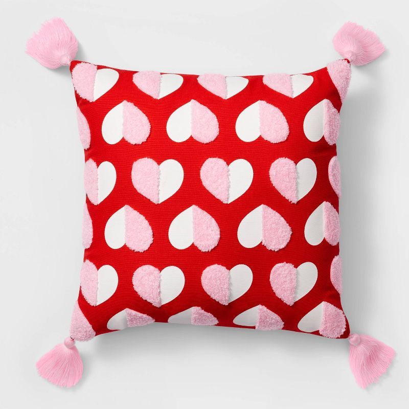 Valentine's Day Embroidered Hearts Square Throw Pillow Red - Spritz™ | Target