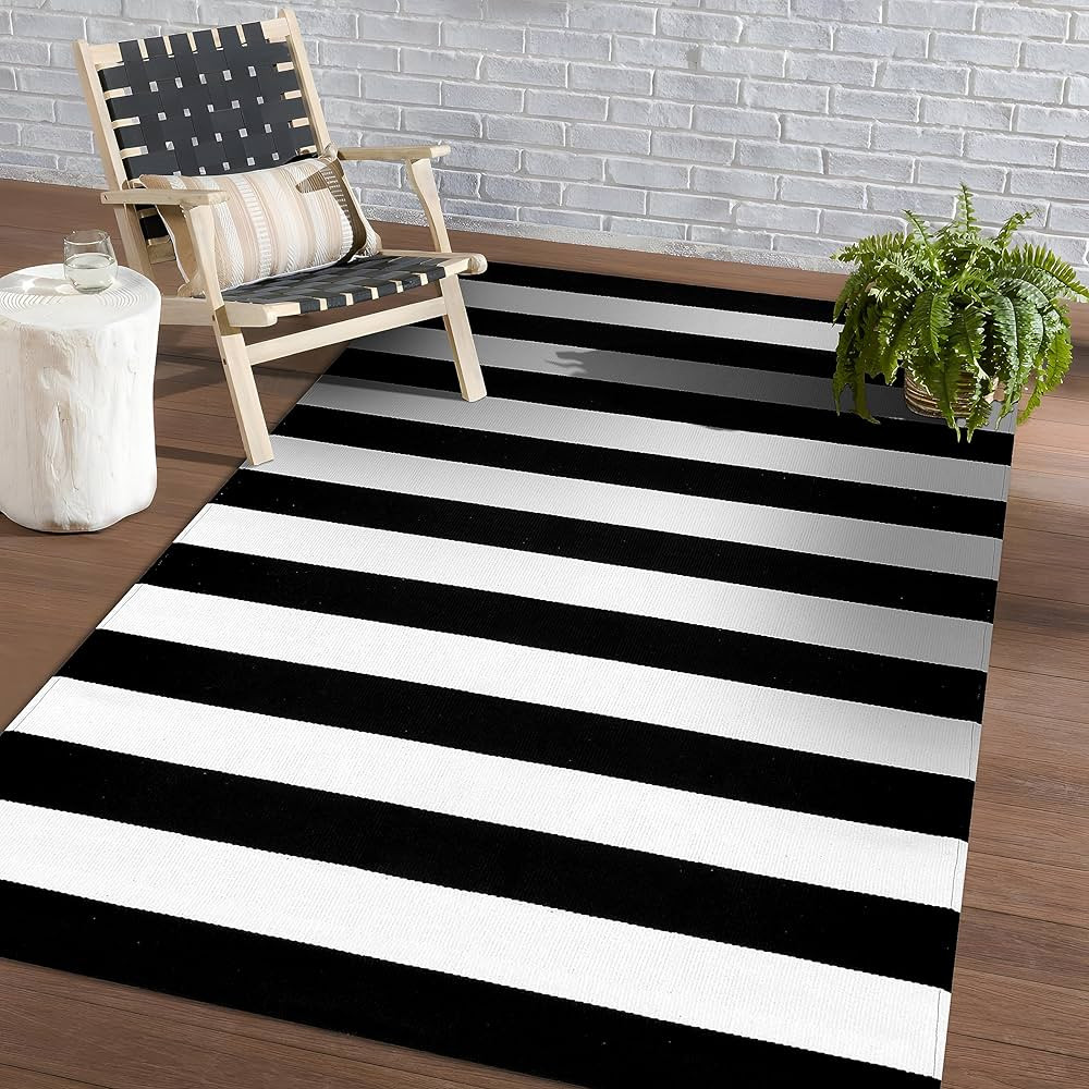 KOZYFLY Black and White Striped Area Rug 4x6 Ft Outdoor Rug Washable Indoor Outdoor Rug Hand Wove... | Amazon (US)
