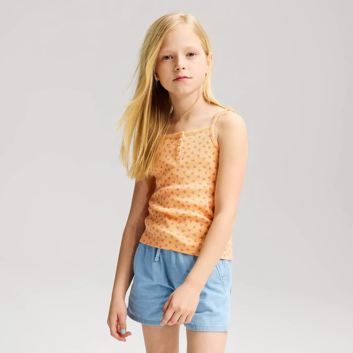 Girls' Lace Trim Henley Floral Printed Tank Top - Cat & Jack™ Orange M | Target