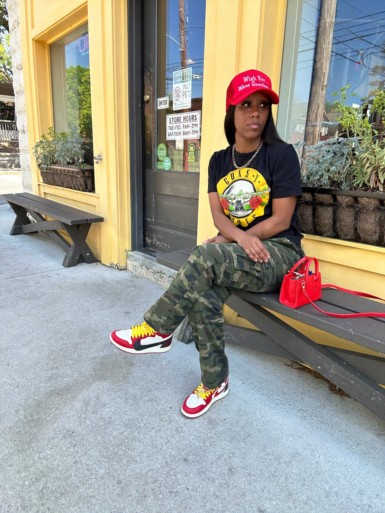 Back to school casual outfit idea.

Guns n Roses graphic tee with Wrangler’s camo cargo pants with fleece in the inside. Perfect for cold weather!

I styled this outfit with a red trucker hat, red purse, and Jordan 1 Teyana Taylor sneakers